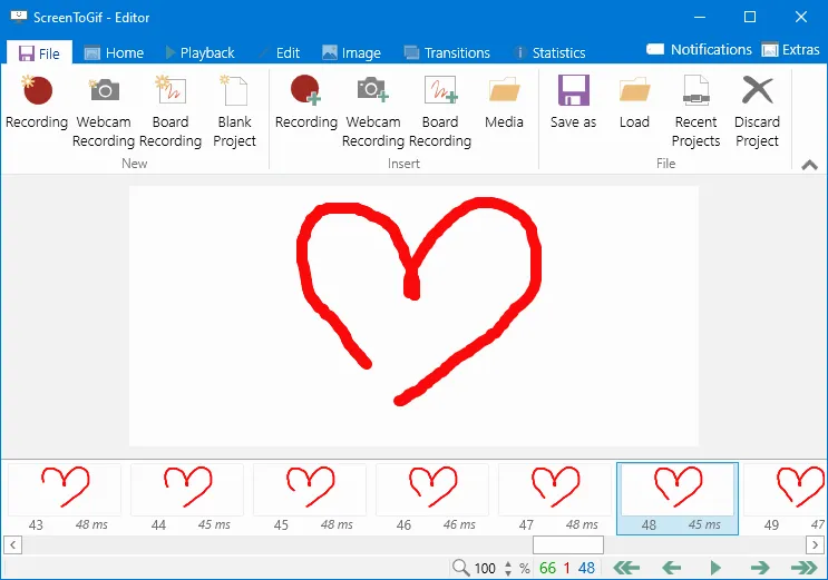 ScreenToGif Editor with recorded frames listed along the bottom and the current frame shown in the canvas