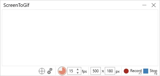 ScreenToGif Recorder window with the 15 fps rate, the capture size in pixels, and the Record (F7) and Stop (F8) buttons